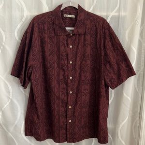 Batik Bay, Mens, 100% Cotton, Burgundy Print, Short Sleeve Button Down Shirt, XL